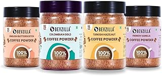 Bevzilla 50 Grams X 4 Flavoured Instant Coffee Powder Pack of Colombian Gold, Hazelnut, French Vanilla & English Butterscotch | 50 Gms Each 100% Arabica Coffee |Enjoy Hot & Cold