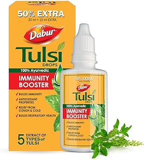 Dabur Tulsi Drops : 30ml (20ml + 10ml Free) | Contains Extracts of 5 Rare Tulsi | Boosts Immunity | Cough And Cold Relief | 100% Ayurvedic | Builds Respiratory Health