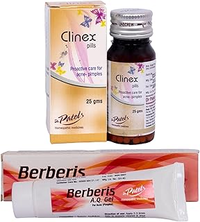 Dr Patel's Clinex Pills + Berberis Gel Combo | Topical Application for Skin Ailments, Extracts and Drains Pustules | Relief from All Types of Acne, Blemishes, Scars & Pigmentations Combo of 2