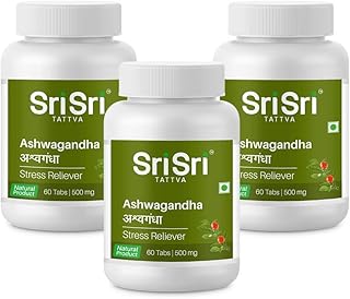 Sri Sri Tattva Ashwagandha - 500mg Tablet - 60 Count (Pack of 3) - Herbal Immunity & Energy Booster Made with Pure Ayurvedic Ingredients for Anxiety & Stress Relief, Enhanced Strength & Vitality