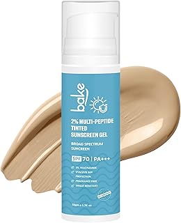 BAKE 2% Multi Peptide Tinted Sunscreen SPF 70 PA+++ with 2% Niacinamide | Water & Sweat Resistant, Broad Spectrum Sunscreen | For All Skin Types | For Men & Women - 50g