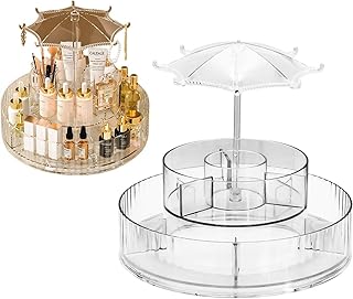 360° Rotating Umbrella Makeup Organizer – 2-Tier Adjustable Skincare Carousel, Large Capacity Cosmetic Rack, Spinning Vanity Holder for Perfumes, Lipsticks & Toiletries, Dust-Proof Cover