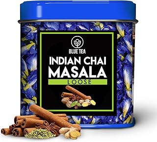 BLUE TEA - Indian Chai Masala Tea - Served on Indigo | Calming Masala Tea - 50g - 50+ Cups | MASALA SPICY TEA | Ginger, Cardamom, Cinnamon | Caffeine-Free | Herbal Tea | Shark Tank Featured | Tin Pack