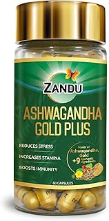 Zandu Ashwagandha Gold Plus Capsules | Upgrade your Ashwagandha with the goodness of Gold | Reduces Stress, Boosts Immunity & Stamina | 60 capsules I 11 Potent ingredients such as Gokshura, Safed Musali and more