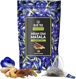 BLUE TEA - Indian Chai Masala - Served On Indigo - Calming Masala Tea | 30 Tea Bags - Plant Based | REFRESHING TEA | Aparajita - Shankhpushpi | Caffeine Free - Detox Tea - Flower Based - Herbal Tea | Featured In Shark Tank | Zipper Pack
