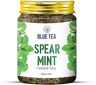 BLUE TEA - Spearmint Tea - 100 gm -100 Cups | Pcos Relief | Balances Hormones, Reduces Facial Hair & Acne and Supports Digestion | Herbal Tea - Dried Loose Leaf - Caffeine Free | Reusable Pet Jar
