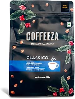 COFFEEZA Classico Coffee | Fine Grind (Espresso & Moka Pots) | 100% Arabica Premium Grade, Medium Roasted Coffee,Ground - 250Gm, Bag