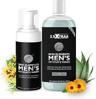 Skin Elements Men's Intimate Wash JUMBO Pack | with Refill | For 180 Days | 420 ml | pH Balanced Hygiene Foaming Wash | Prevents Bad Odor and Irritation| with Tea Tree Oil | Super Saver Pack |