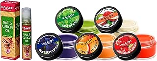 VAADI HERBALS Assorted Lip Balms, 10g (Pack of 5) 100% Natural Lip Balms| For Dry & Chapped Lips | 24hr Hydration | & Nail and Cuticle Oil with Jojoba Oil, 10ml