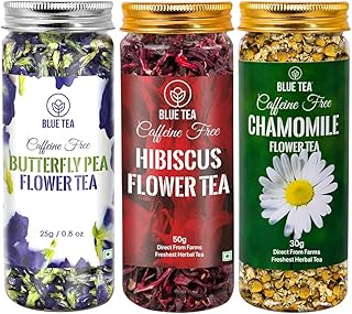 BLUE TEA - 3 in 1 Combo | Butterfly Pea Flower - 25g, Hibiscus - 50g, Chamomile - 30g | For Skin Glow & Sleep | Caffeine Free - Herbal Tea - Flower Based | Reusable Pet Jar
