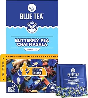 BLUE TEA - Indian Chai Masala - 25 Tea Bags - Plant Based | Weight Management | Ginger, Cardamom, Cinnamon | Caffeine Free - Herbal Tea - Flower Based | Single Tear | Easy Pull Sachet | Box Packaging