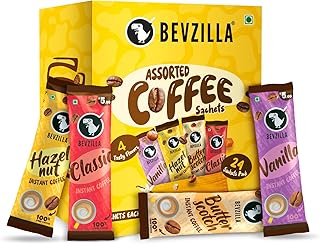 Bevzilla 24 Assorted Instant Coffee Sachets | 24x2Gm Pouches |100% Arabica Coffee Powder | 4 Flavours: Butterscotch, Classic, Vanilla, Hazelnut | Hot & Cold Brew Ready|Best for Espresso, Latte & Cappucino