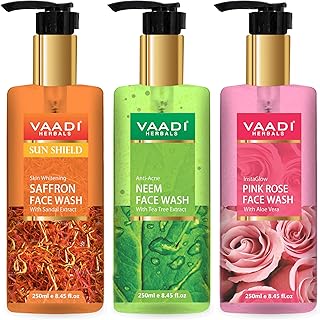 Vaadi Herbals Pvt Ltd Skin Whitening Saffron, Neem & Glow Pink Rose Face Wash, 250 Ml (Pack Of 3)