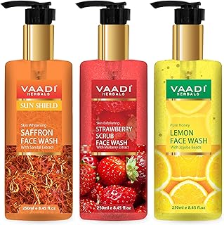 Vaadi Herbals Pvt Ltd Skin Whitening Saffron, Strawberry Scrub & Honey Lemon Face Wash, 250 Ml (Pack Of 3)
