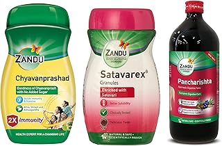 Zandu Chyavanprashad 900g, Sugarfree Chyawanprash with Amla & Shilajit, 2X Immunity, Builds Energy and Stamina & Pancharishta 650ml, Ayurvedic Tonic & Satavarex Granules, 210 g, Enriched with Satavari
