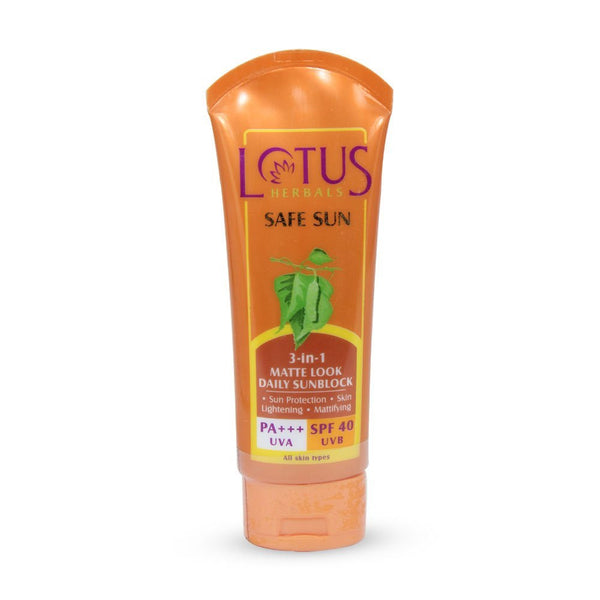 Buy Lotus Herbals Safe Sun 3-In-1 Matte Look Daily Sunblock SPF-40, 100g online for USD 14.17 at alldesineeds