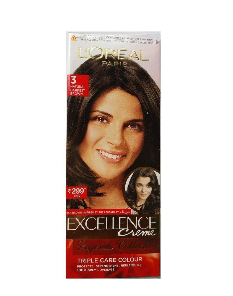 L'Oreal Paris Excellence Hair Color Small Pack No.3, Natural Darkest Brown - alldesineeds