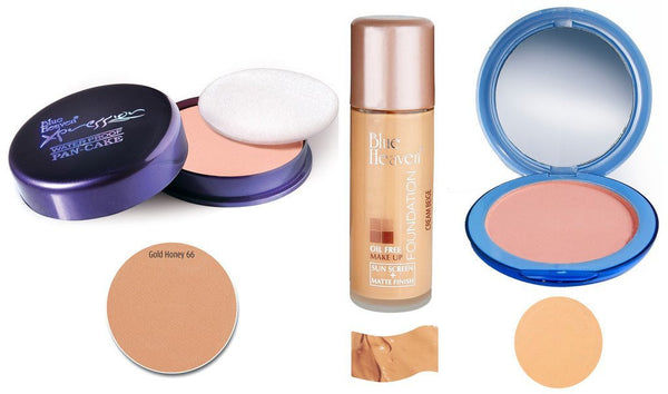 Buy BLUE HEAVEN Xpression Pan Cake (66), Oil Free Foundation (Cream Beige) & Silk On Face Compact (Natural) Combo. online for USD 16.85 at alldesineeds