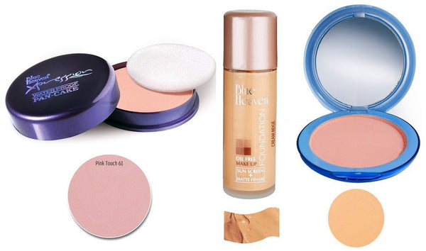 Buy BLUE HEAVEN Xpression Pan Cake (61), Oil Free Foundation (Cream Beige) & Silk On Face Compact (Natural) Combo. online for USD 15 at alldesineeds