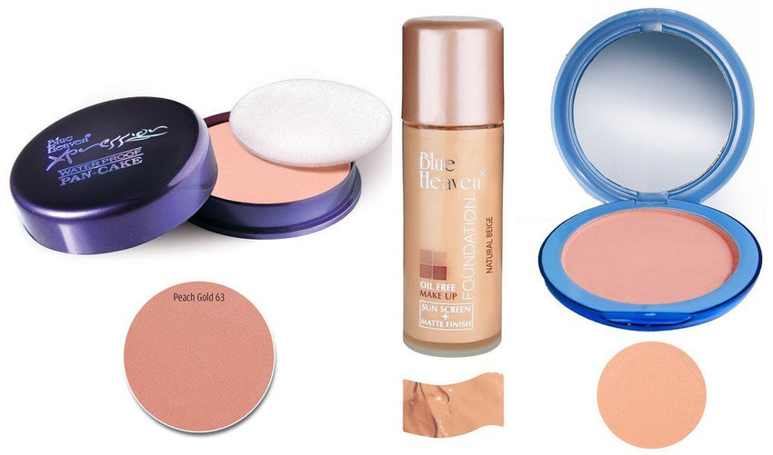 Buy BLUE HEAVEN Xpression Pan Cake (63), Oil Free Foundation (Natural Beige) & Silk On Face Compact (Blush) Combo. online for USD 17.98 at alldesineeds