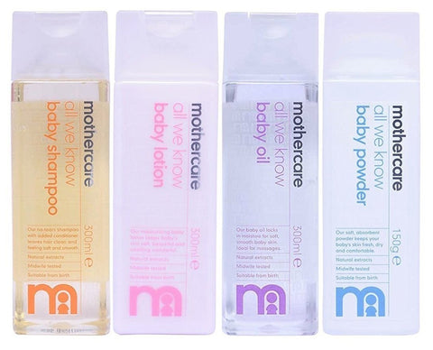 Mothercare All We Know Baby Shampoo (300ml), Baby Lotion (300ml), Baby Oil (300ml) and Baby Powder (150gm) Combo