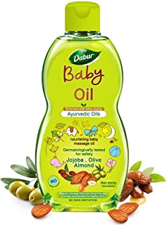 Dabur Baby Oil: Non - Sticky Baby Massage Oil with No Harmful Chemicals |Contains Jojoba , Olives & Almonds | Hypoallergenic & Dermatologically Tested with No Paraben & Phthalates - 200 ml