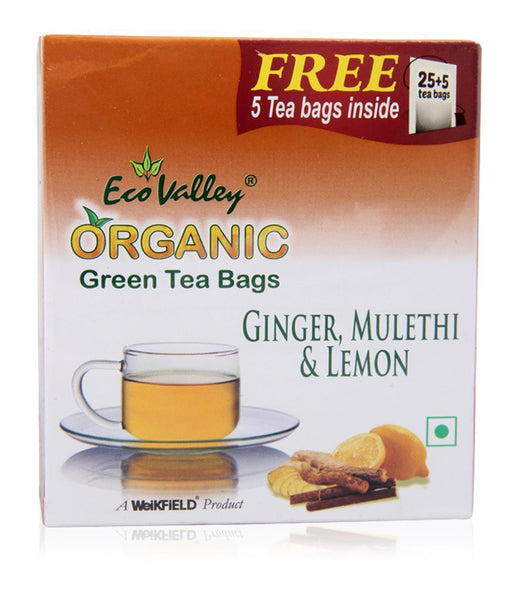 Organic Green Tea W/ Ginger, Mulethi & Lemon - 25 TBs - Eco Valley